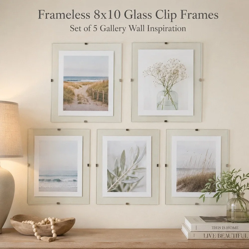 Pier 1 Frameless 8x10 Glass Clip Picture Frames Set of 5 Gallery Wall Haiti